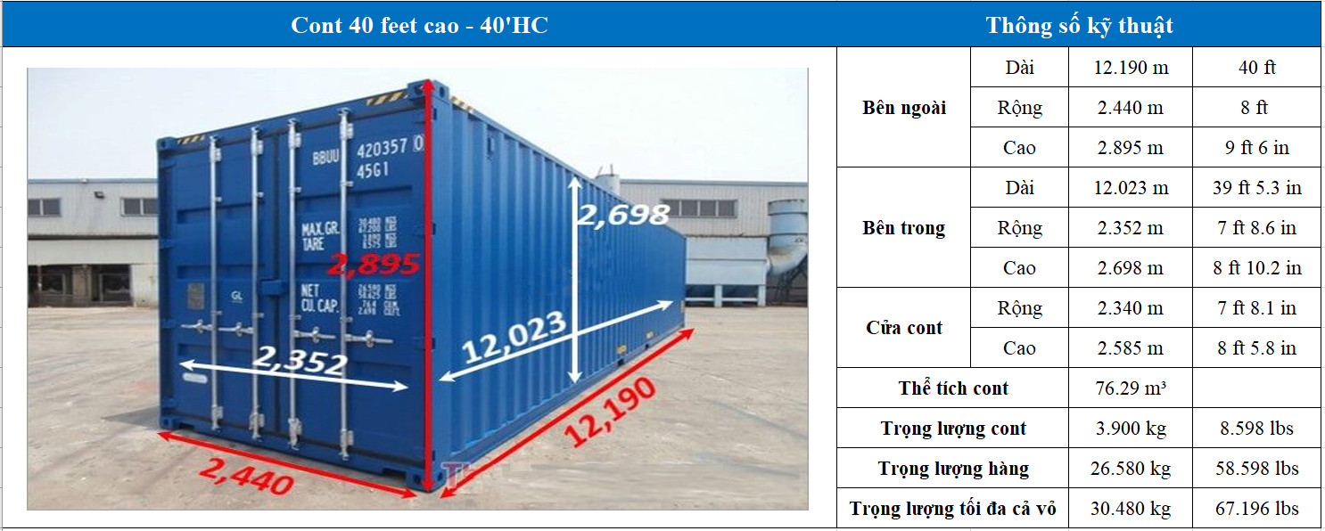 kích thước container 40 feet cao - Hoàng Gia BN